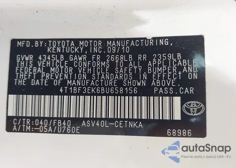 2011 Toyota Camry Le из США, поврежденный, VIN 4T1BF3EK6BU658156